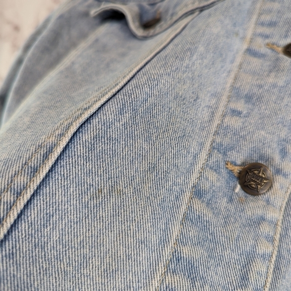 Vintage Denim Jacket Women Large Jean 80s 90s Y2K Linen Collar Light Wash Crop - Picture 10 of 14